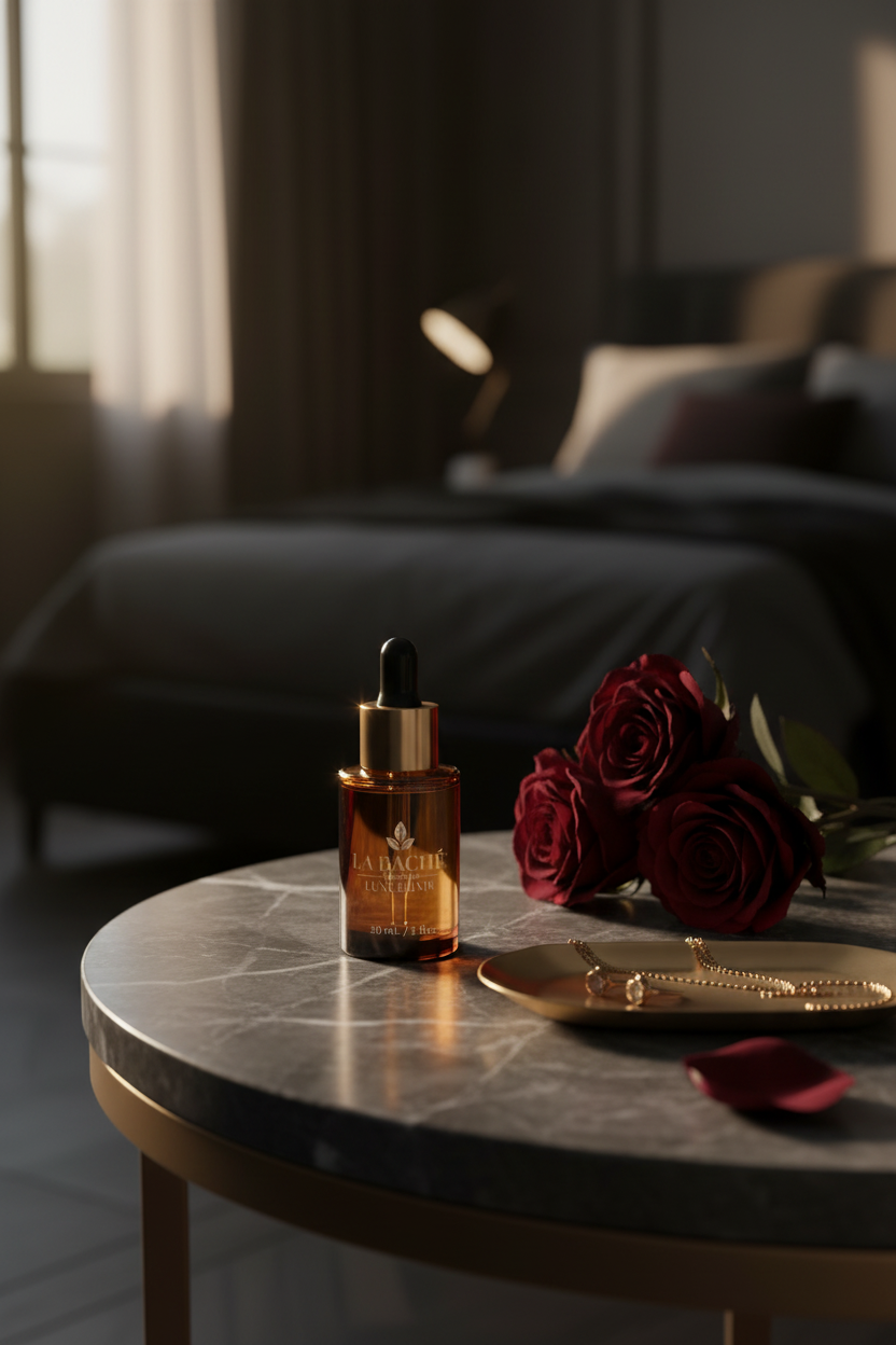 La Bâché Blueberry Luxé Élixir dark luxury bedroom vanity morning routine