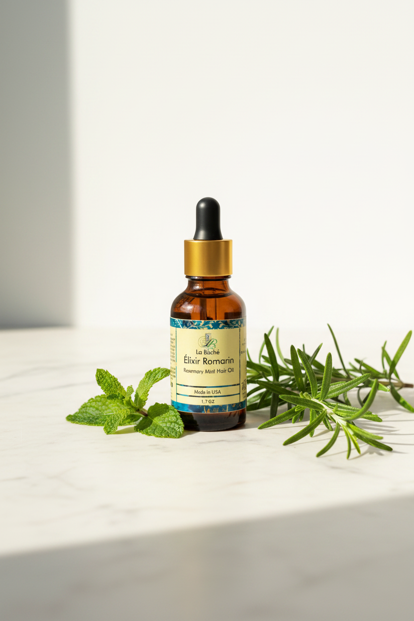 La Bâché Élixir Romarin Rosemary Mint Hair Oil bright marble vanity lifestyle