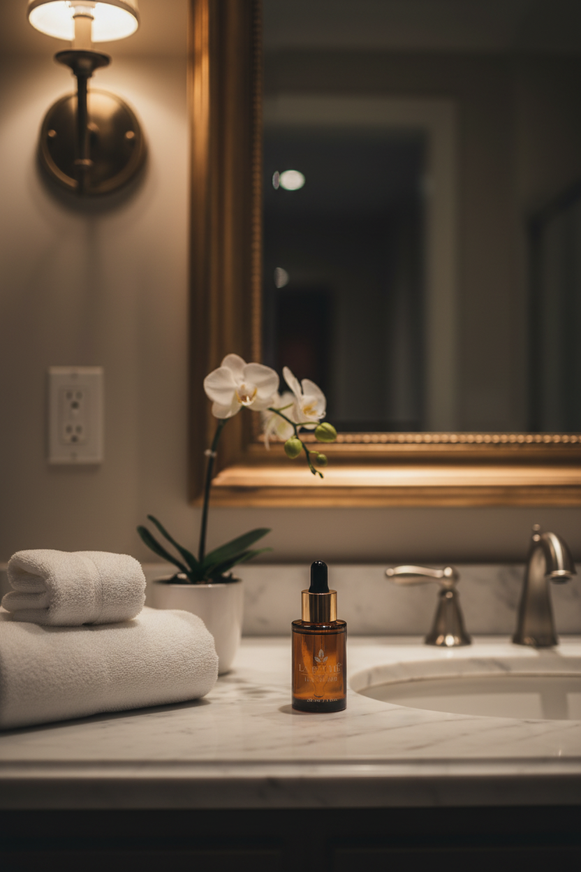 La Bâché Blueberry Luxé Élixir on luxury marble bathroom vanity